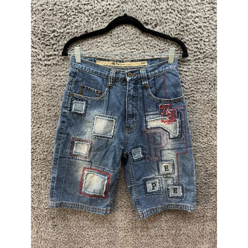 Vintage Y2K Pepe‎ Jeans London 73 Patched Denim Shorts Jorts Blue Womens Size 14